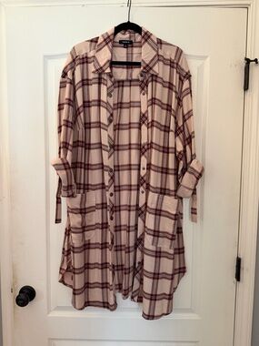 torrid Cream and Burgundy Plaid Longline Shirt Jacket